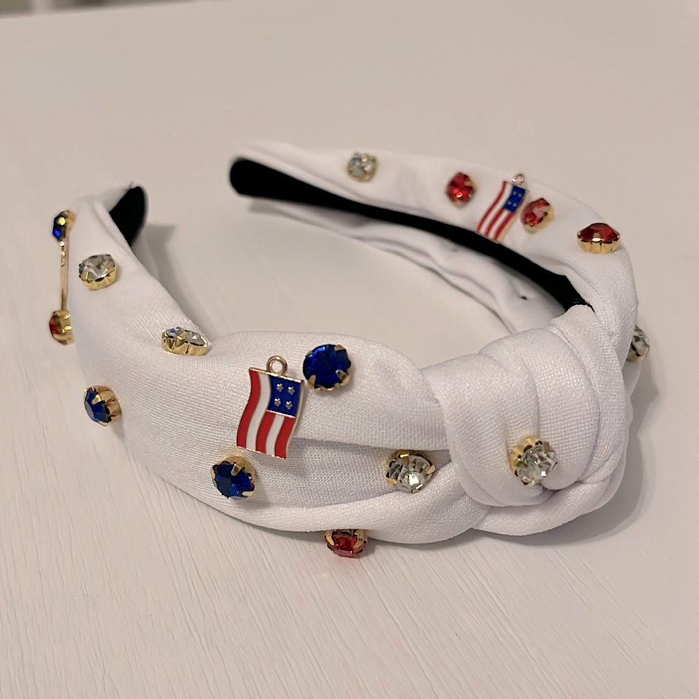 WHITE American Flag Headband with Rhinestones and flag pins OS